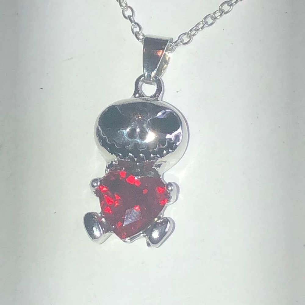 Ruby Red CZ Rhinestone Heart Skull Silver Tone Chain Boho Necklace